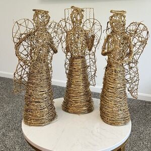 Wicker Angels Vine Gold Tone Glitter Christmas Farmhouse Figurine Shabby Chic